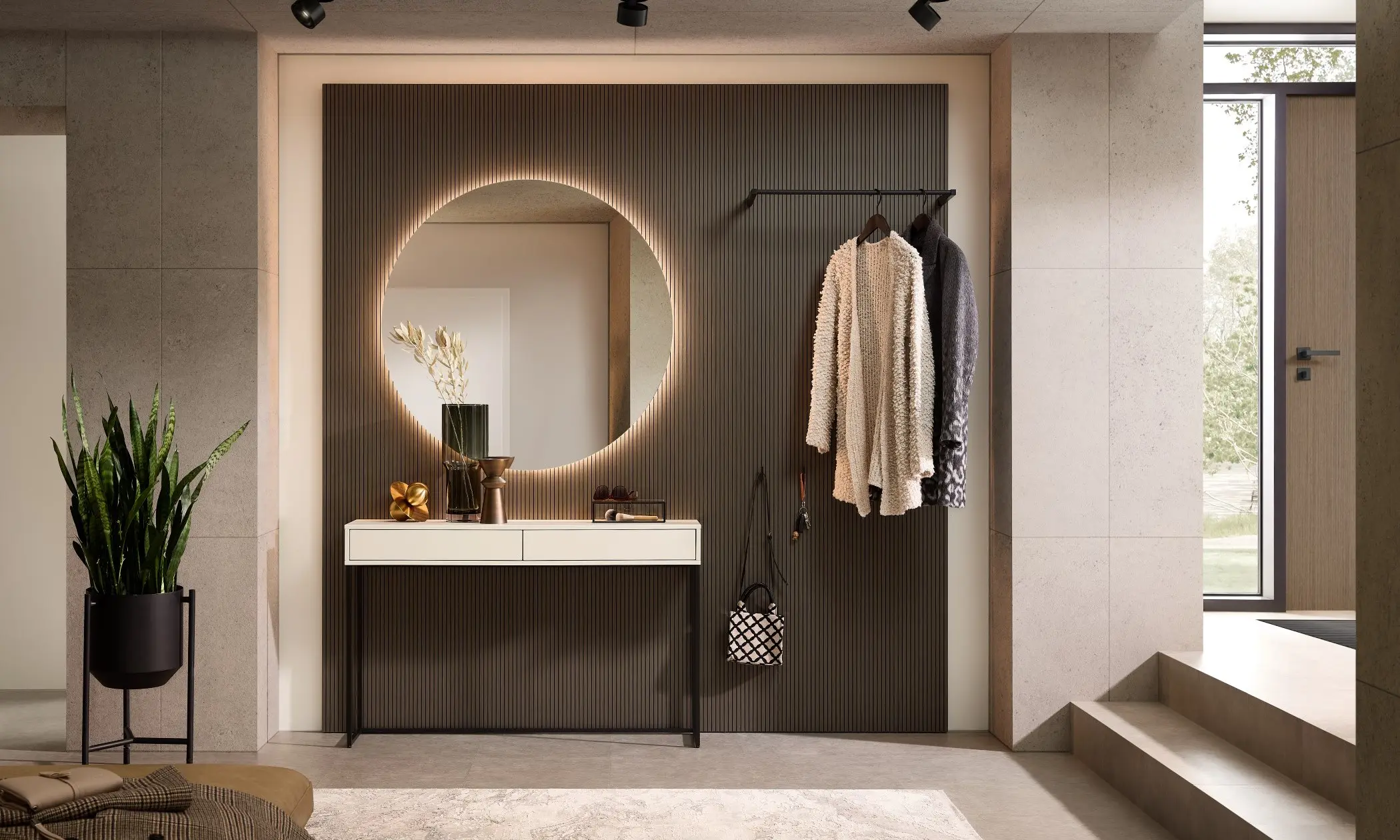 Face Garderobe mit Kufenkommode, schlichte Ausführung mit Hängegarderobe